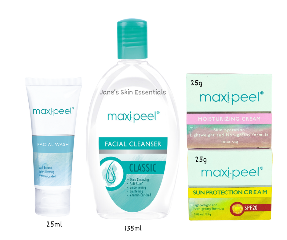 Maxi-Peel Facial Wash, Facial Cleanser 135ml, Moisturizing Cream(25g), Sunblock(25g)